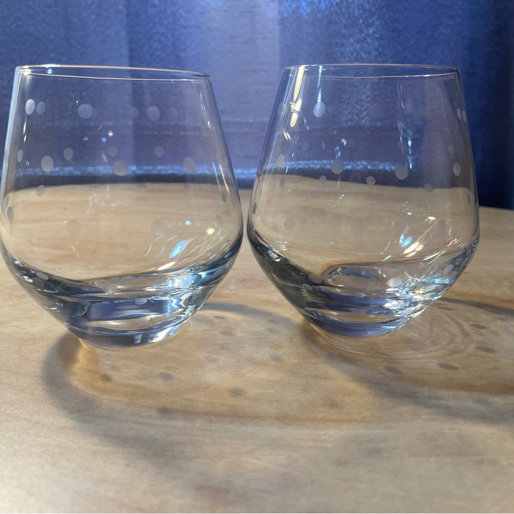 2 Kate Spade NY Lenox Etched Larabee Dot Stemless White Wine Crystal Glasses